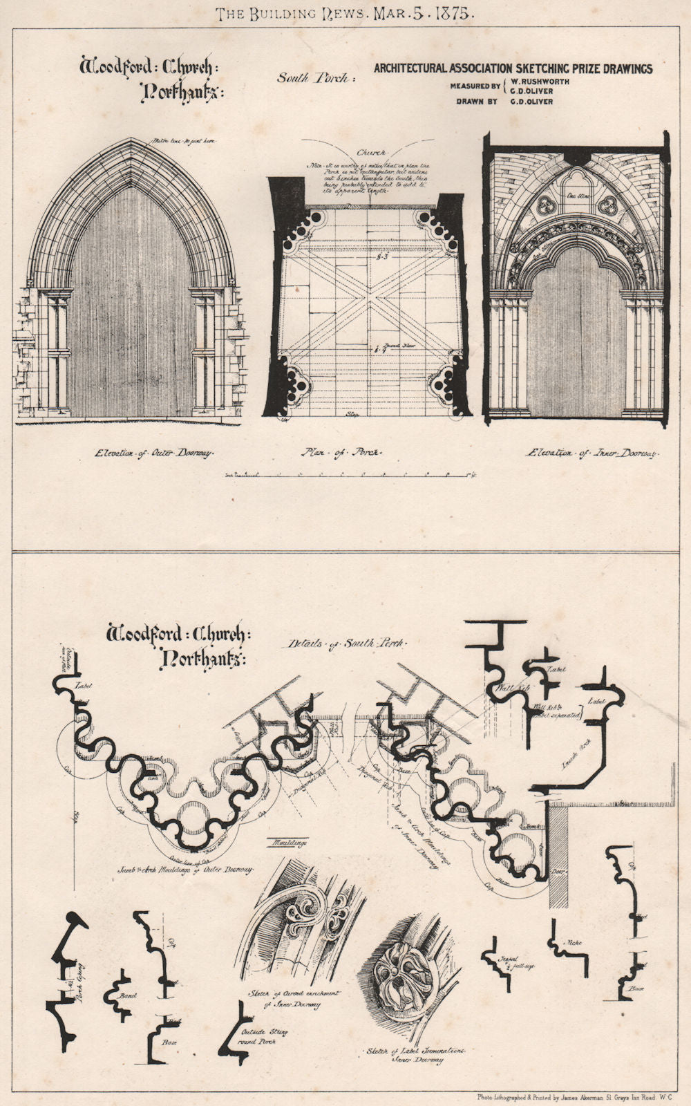Woodford Church, Northamptonshire 1875 old antique vintage print picture